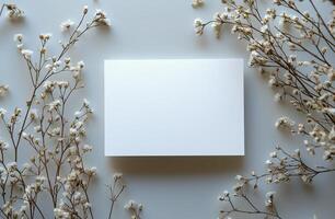 Blank card surrounded by delicate white flowers on a neutral background photo