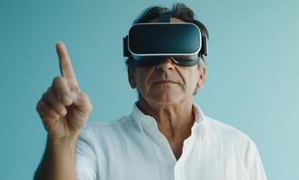 Senior man experiences virtual reality technology while engaging with immersive content photo