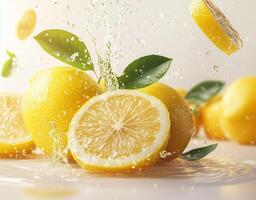 Fresh yellow lemons splashing with water and arranged on a light background in a kitchen setting photo
