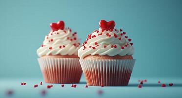 Cupcakes with heart toppings on a blue background, perfect for celebrations or romantic occasions photo