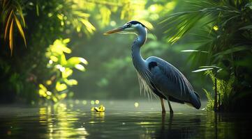 Heron standing gracefully in calm waters surrounded by lush greenery in a tropical setting photo