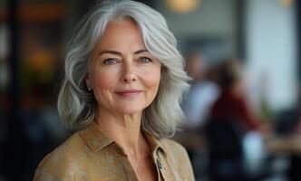 Elegant woman with grey hair smiling in a modern cafe during a busy daytime photo