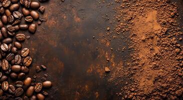 Rich coffee beans and ground powder arranged on a dark surface for brewing or baking purposes photo