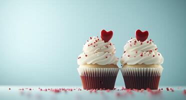 Delicious cupcakes with heart decorations on a pastel backdrop perfect for celebrations photo