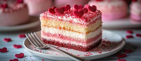 Delicious layered cake with hearts and sprinkles for special occasions photo