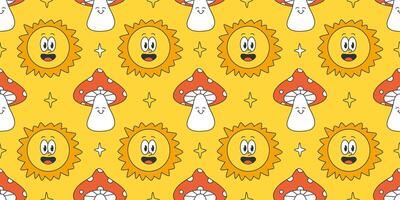 Groovy seamless pattern with 70s, 80s, 90s vibes trendy elements. Retro flowers and mushrooms background. Vintage psychedelic background for design and print. vector