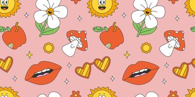 Groovy seamless pattern with 70s, 80s, 90s vibes groovy elements. Retro flowers, glasses, mushroom, lips and apple background. Vintage psychedelic background for design and print. vector