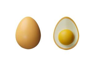 3d render set egg. Three-dimensional illustration of hen eggshell and yolk. Easter egg meal decoration. Nature ingredient of protein and fats for breakfast or lunch. Healthy eating concept vector