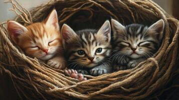 Three Kittens Napping in a Nest of Twine photo