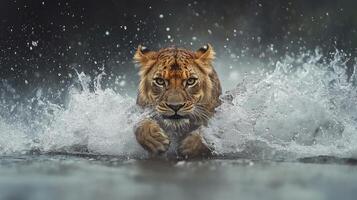 Lion Cub Emerging from Water with Splashing Waves photo
