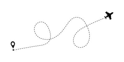 Airplane flight path with dashed lines and location marker. Airplane flight route with start point. vector