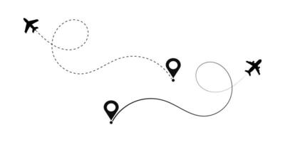 Showcasing an airplanes flight path with dashed lines and location markers. Airplane flight route with start point and dash line. vector