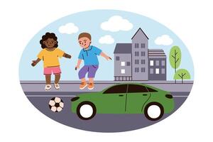 illustration of children playing with soccer ball near td with moving car. Urban background with buildings, trees, and clouds. Child safety and traffic rules, flat cartoon characters vector