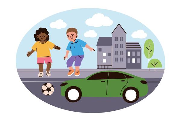 illustration of children playing with soccer ball near td with moving car. Urban background with buildings, trees, and clouds. Child safety and traffic rules, flat cartoon characters