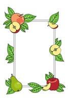 vertical frame of colored apples, pears and leaves, hand drawn in cartoon style. Outline drawing. vector
