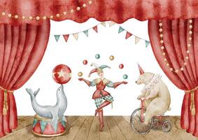 Watercolor illustration of a Circus scene with a juggling jester, a seal balancing a ball and bear on a bicycle. Drawing of Carnival Performance for childish design or baby invitations. Art for cards. vector