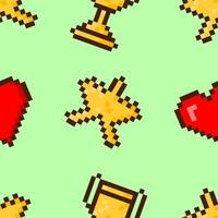 Seamless pattern with 8-bit game icons star, heart, and trophy on a green background. vector