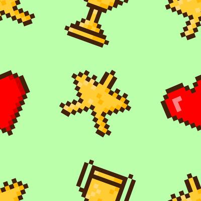 Seamless pattern with 8-bit game icons star, heart, and trophy on a green background.