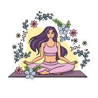 Yoga, assana lotus pose unity with nature, color illustration vector