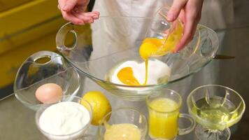 Woman Adding Egg Yolk On Bowl To Making Cookies By Recipe Book video