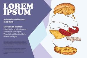 Bacon burger with minced meat, onion, mayo, ketchup, cheese, bacon and bread buns. Line art hand drawn burger poster design. Ingredients are grouped separate. vector