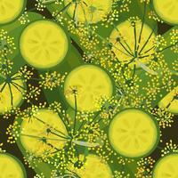 seamless pattern with pickles and sprigs of blooming dill on dark-green background vector