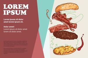 Line art hand drawn burger poster design. Ingredients are grouped separate. Bun, cucumber, bacon, beef, meat, lettuce, cheese sauce. vector