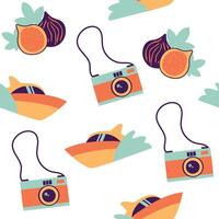 Summer seamless pattern background for packaging and decoration with fig, camera, speed boat vector