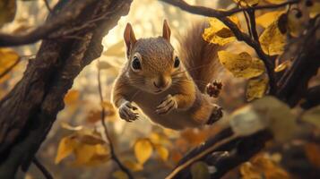 A Curious Squirrel Peeking Through Autumn Branches photo