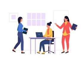 Office workers collaborating on a project, engaging with laptops and sharing documents, embodying the essence of teamwork in a dynamic business environment vector