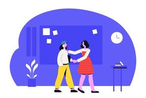 Two businesswomen shaking hands after reaching an agreement in a modern office, celebrating their teamwork and problem solving skills in a dynamic and collaborative environment vector