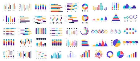 Collection of various colorful charts and diagrams presenting statistical data analysis with bars, lines, pies, pyramids and other graphic elements for business reports and presentations vector