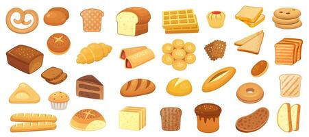 Large assortment of bakery products featuring various breads, loaves, buns, muffins, waffles, cookies, cakes, and pastries, creating a colorful and tempting display vector