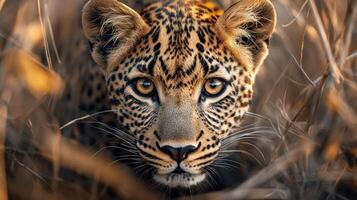 Close-up of a Leopard's Face with Golden Eyes Peeking Through Tall Grass photo