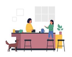Family preparing dinner in a modern kitchen, with mother cooking while daughter helps from a stool, and their dog watching curiously, creating a warm atmosphere of togetherness vector