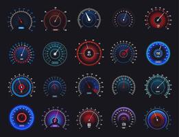 Set of speedometers and tachometers with different colors and values, measuring speed, distance, and engine rotations per minute on a vehicle s dashboard vector