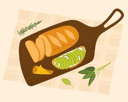 Healthy food concept with sliced bread, cheese and avocado toast lying on a cutting board, with rosemary and sage leaves, on a checkered tablecloth vector