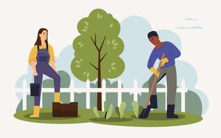 Two gardeners collaborating in a vibrant garden. Planting and nurturing various plants during spring. Emphasizing teamwork and a commitment to ecological practices. They create a thriving environment vector