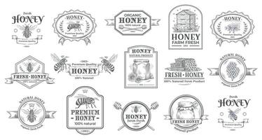 Collection of vintage, hand drawn honey, bee, and beehive emblems, showcasing a retro design aesthetic suitable for branding and labeling of honey products vector