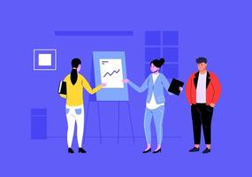 Business team analyzing positive financial growth data on a flip chart, colleagues collaborating during a presentation in a modern office, teamwork and communication concept vector