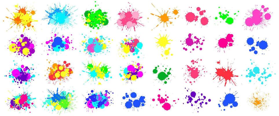 Colorful paint splatters creating a vibrant and artistic mess on a white background, perfect for adding a touch of creativity and energy to any project