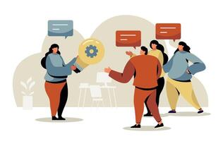 Office workers brainstorming and discussing new creative business ideas holding a light bulb with a gear inside, startup and teamwork concept vector