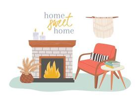 Burning fireplace with candles. Macrame wall hanging. Cozy armchair with pillow and books. And dry plants in a wicker basket create a warm and inviting atmosphere in a Scandinavian style living room vector