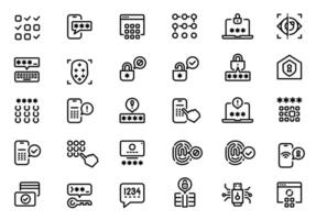 Set of password and security line icons illustrating various user authentication methods like typing passwords, using pin codes, and biometric scans, emphasizing data protection vector