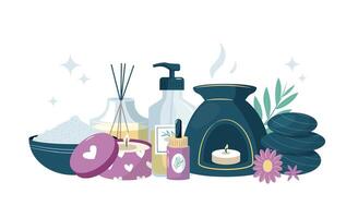Aromatherapy composition featuring an essential oil diffuser, candles, bath salt, massage stones, and other spa elements, creating a relaxing and tranquil atmosphere vector