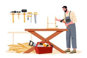 Carpenter working diligently in a workshop, crafting furniture with wood and hammer, utilizing various tools on the workbench for skilled carpentry and manufacturing tasks vector