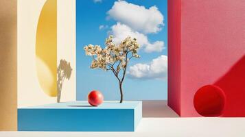 Minimalist Abstract Scene with a Blooming Tree, Red Sphere, and Colorful Geometric Shapes photo