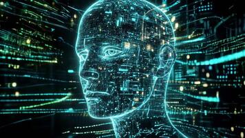Slow motion of a human head emphasizing artificial intelligence concepts with glowing circuits and data streams in a futuristic environment background video