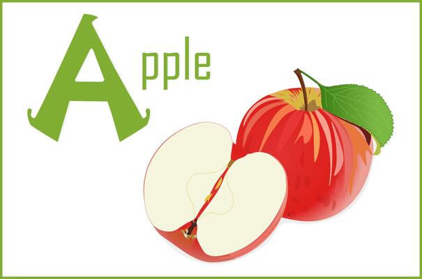 Alphabet card for children with the letter A and an apple. Educational card for kids.
