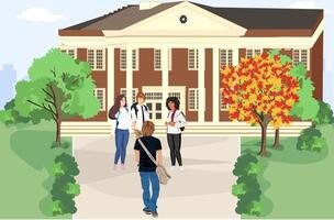 Students stand near High School building front view with green lawn. vector